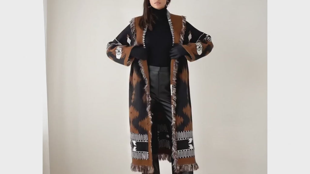 NEW $168 Adeline Black and Brown Patterned Long Western Cardigan Coat